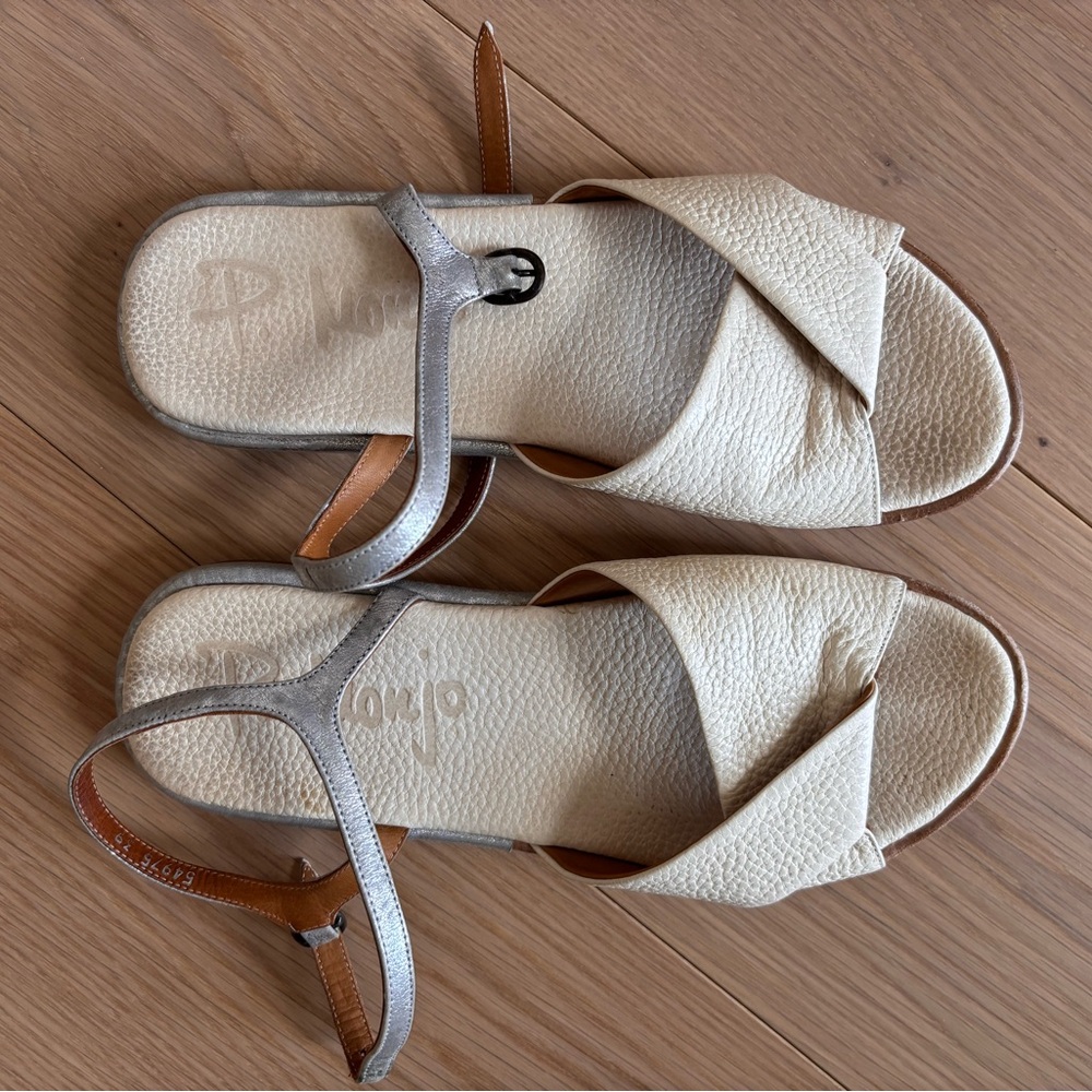 P. Monjo handmade leather sandals in cream and silver